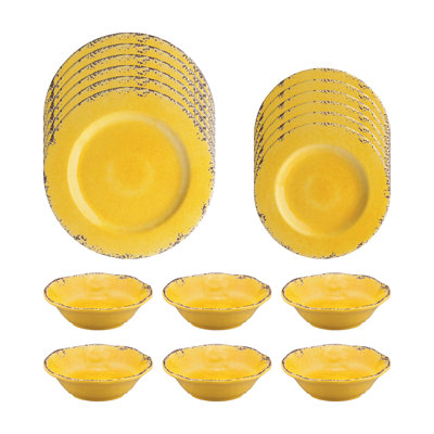 Crackle Turq 18 Piece Melamine Dinnerware Set Plate and Bowl Set - Service for 6