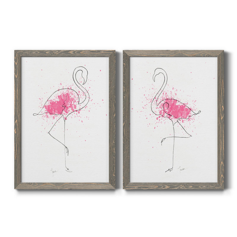 Flamingo Splash I - ensemble de 2 reproductions d'art, H 31,5 po x l 47 po x P 1,5 po, Toile avec cadre gris, Pas de tapis