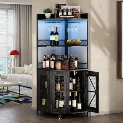Armoire à vin à 5 niveaux avec DEL et prise de courant, rangement en verre pour le salon, noir