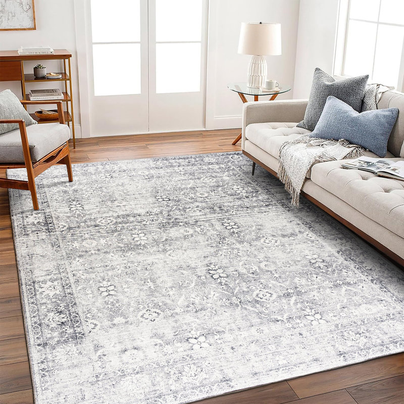 Tapis lavables en machine Roshun Noor, Rectangle 7 pi 6 po x 9 pi 6 po, Argent ivoire