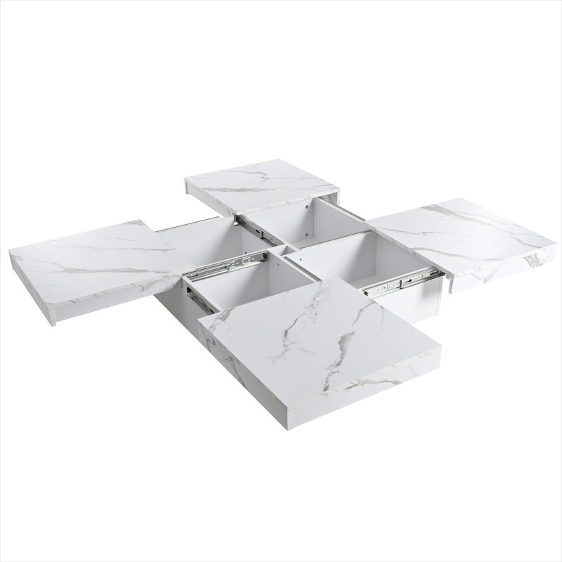 Table basse Clean Clean avec plateau de rangement coulissant et finition en placage de marbre, carré de 39,4 pouces