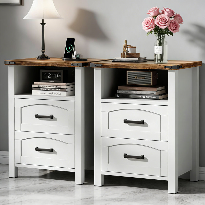 Set of 2 Farmhouse Nightstands with Charging Station & USB-C, 18" Wide 2 Drawers Wood Bedside Table with Open Shelf, White & Walnut