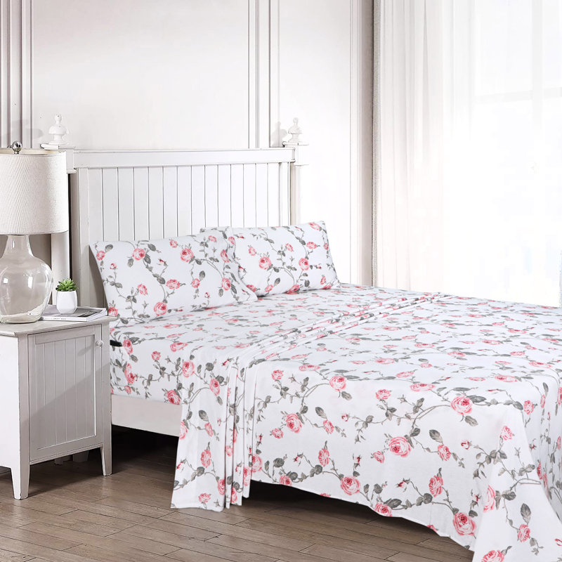 Ensemble de draps 100% flanelle de coton Colyt, Ensemble pour très grand lit + drap-housse + 2 ta, Floral rosé