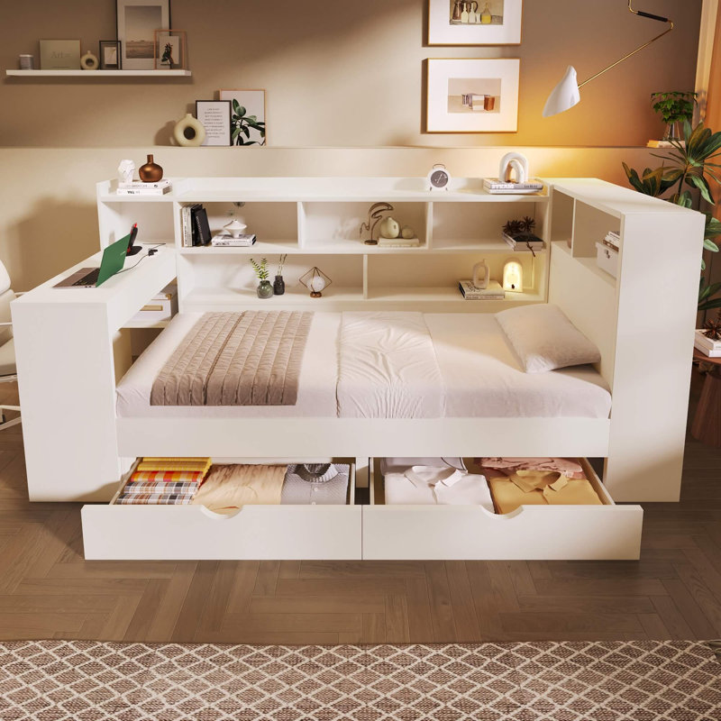 3ft Single Wooden Daybed with Bookcase & Computer Desk, Sofa Bed Frame with Storage Drawers & USB-C Charging Port, Multifunctional Bed for Bedroom & Living Room, White, 90 x 190cm