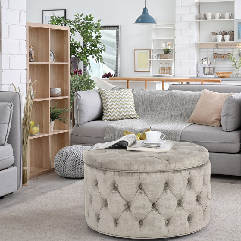 Amram Tufted Round Storage Ottoman, Light Gray Velvet