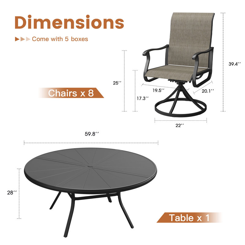 8 Person Round Patio Dining Set with 60" Round Aluminum Dining Table and 8 PVC-coated polyester Swivel Chairs, Black/Brown