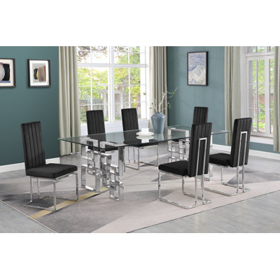 Ensemble de salle à manger en verre trempé transparent de 94 po x 46 po avec chaises en velours Hornick