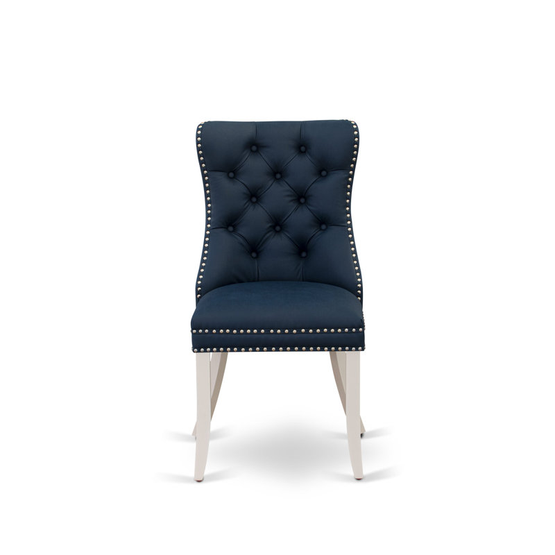 Denison Parson Chairs - Button Tufted Nailhead Navy Blue Polyester Fabric Padded Dining Chairs, Set of 2, Linen White