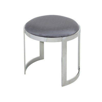 Nouri Metal Vanity Stool - Orion Velvet Ottoman Coffee Table – Modern Round Accent Stool - Silver with grey velvet Stool