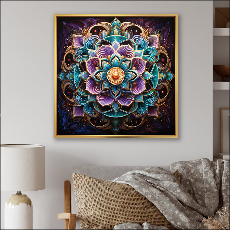 Ancien mandala magique coloré sur toile, H 30 po x l 30 po, Cadre flottant doré