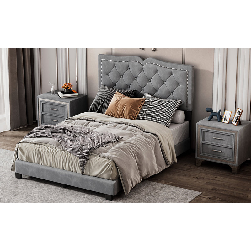 Structure de lit double tapissier pleine grandeur gris avec tête de lit en velours accentué, construction en bois, plateforme sans sommier orné de design moderne, 10 lattes en contreplaqué