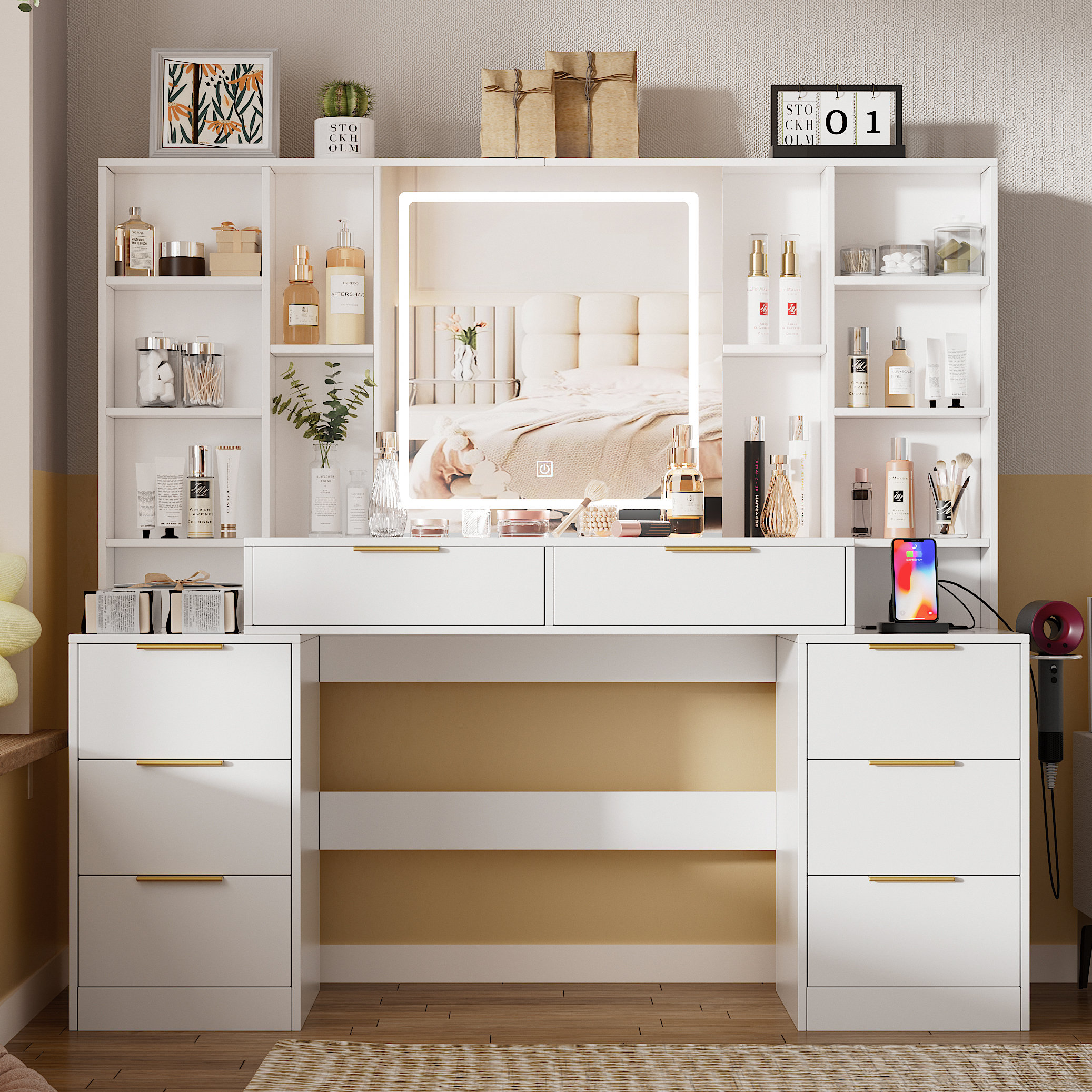 Ivy Bronx Large Makeup Vanity Desk With Lighted Mirror & Power Outlet,vanity Desk Dresser Table With 3 Lighting Modes Brightness Adjustable,drawers,shelves,hair Dryer Stand For Bedroom,white & Reviews | Wayfair