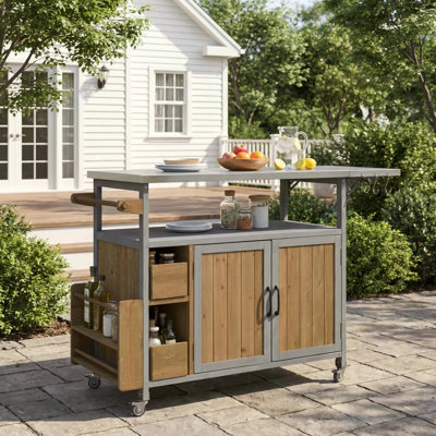 Chariot de cuisine extérieur de 54,33 po, cadre en bois massif avec plateau en acier inoxydable, support à épices, porte-serviettes, roues verrouillables et rangement multifonctionnel pour la terrasse, le barbecue dans la cour arrière et la cuisine