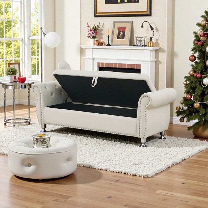 Velvet Upholstered Storage Ottoman Bench With Crystal Buttons, Wood Frame, Metal Legs, Beige