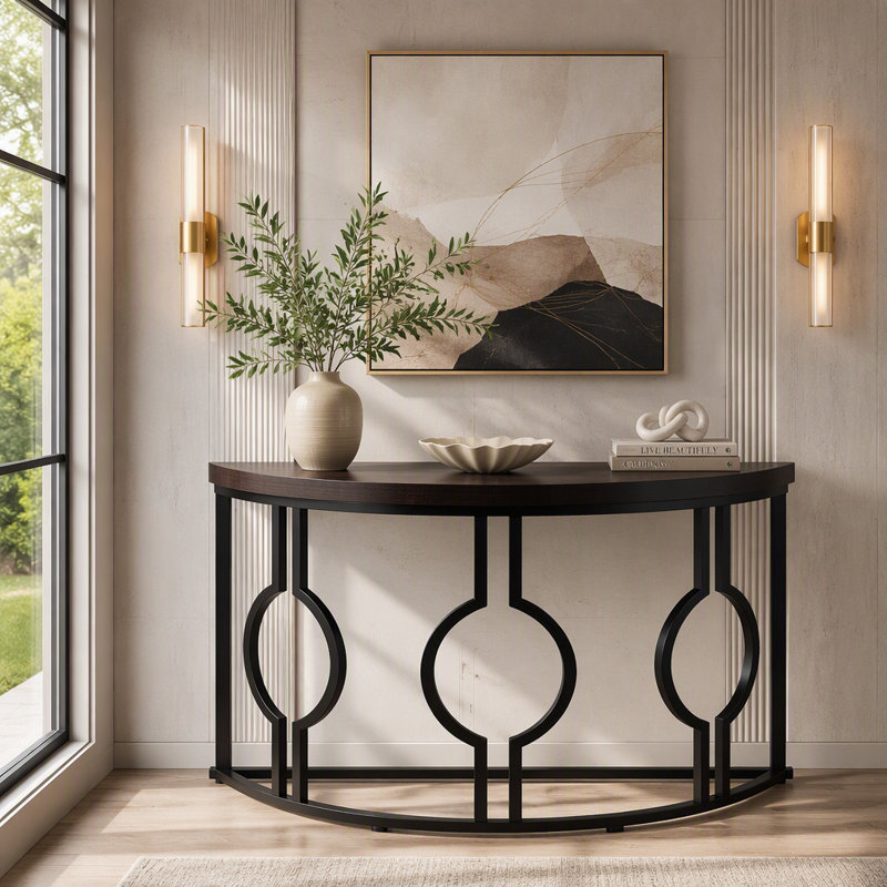 43" Industrial Console Table, Half Moon Shaped Accent Sofa Table