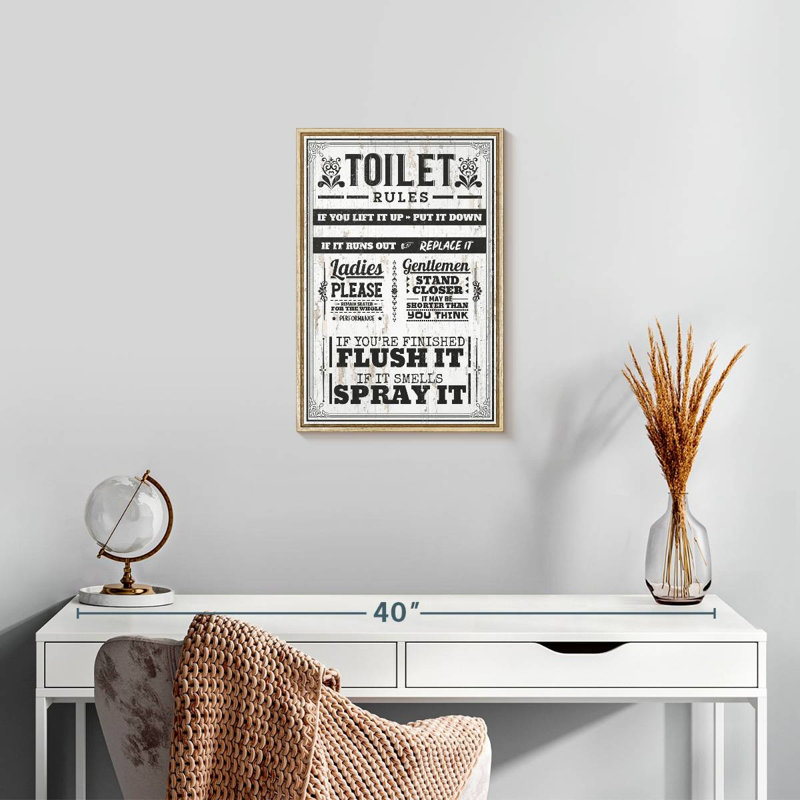 Proper Bathroom Rules, 13" x 19", Floating Frame Natural Wood