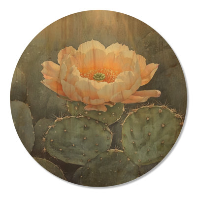 Cactus fleuri au soleil I - impression d'art mural rond en bois du sud-ouest