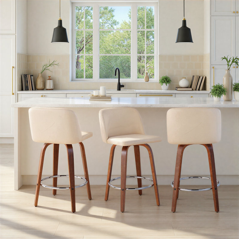 Swivel Upholstered Counter Stool, Walnut/Chrome, Cream
