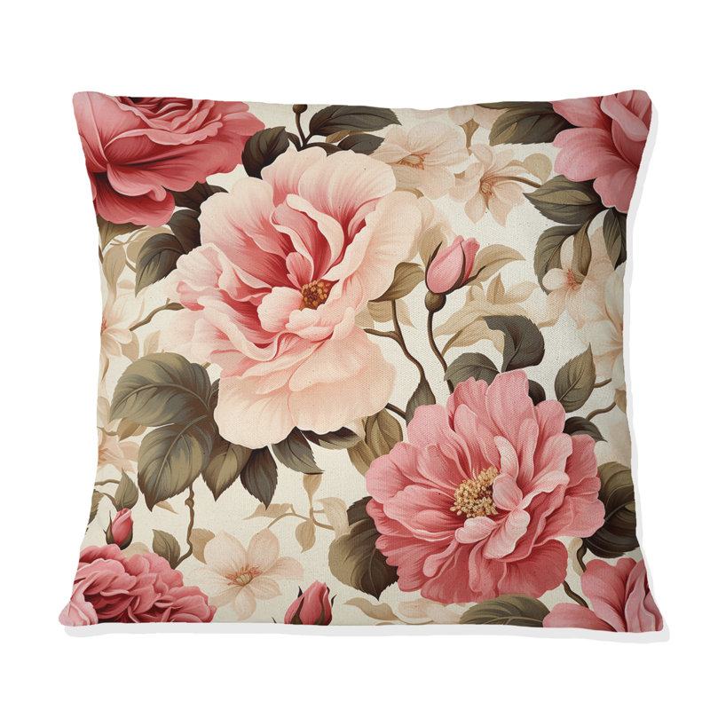Coussin décoratif à imprimé floral beige à motif floral V, H 18 po x l 18 po