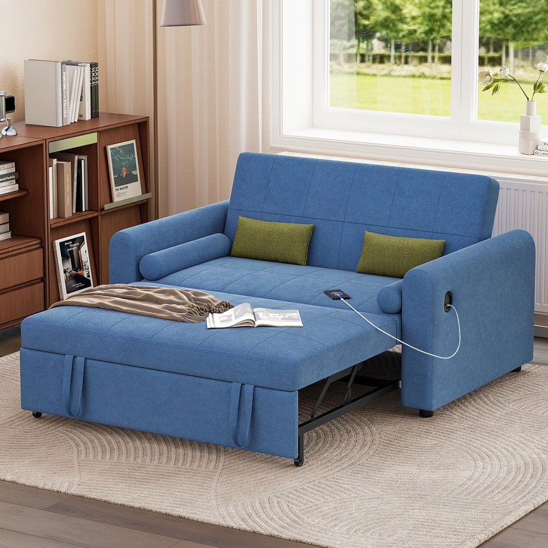3 Seater Linen Sofa Bed, Blue Velvet