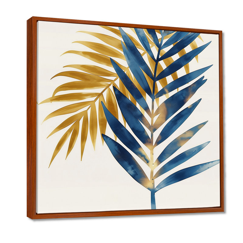 «Blue and Gold Palm Leaves IV - Palm Trees», reproduction d'art sur toile, Cadre flottant brun, bois massif