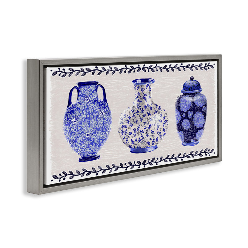 Art mural sur toile flottant encadré "Traditional Blue Vases" par Raquel Maciel, Gris, H 14 po x l 31 po