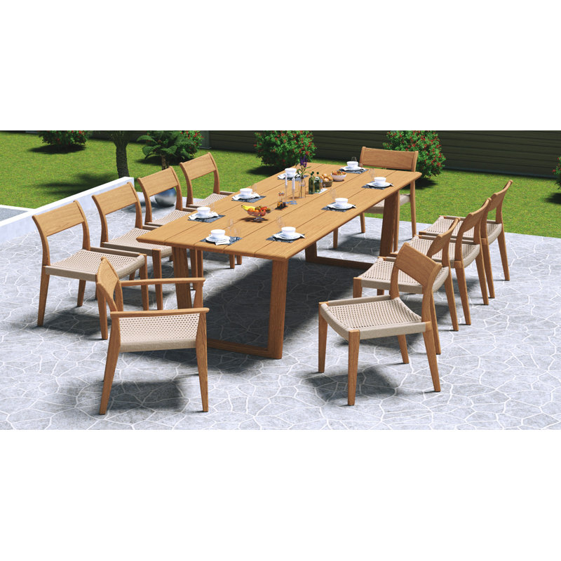 9 Pcs Grade-A Teak Wood Dining Set: 84" Amilo Rectangle Table And Amilo Stacking Chairs (2 Arm & 6 Armless Chairs) #11AM3002