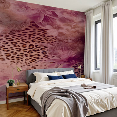 Peel and Stick Wallpaper Leopard Print Abstract Floral Pink Purple Tones Wall Murals 100"H x 144"W Removable PVC Wall Paper Self-Adhesive Wall Decor for Bedroom Living Room Home Office