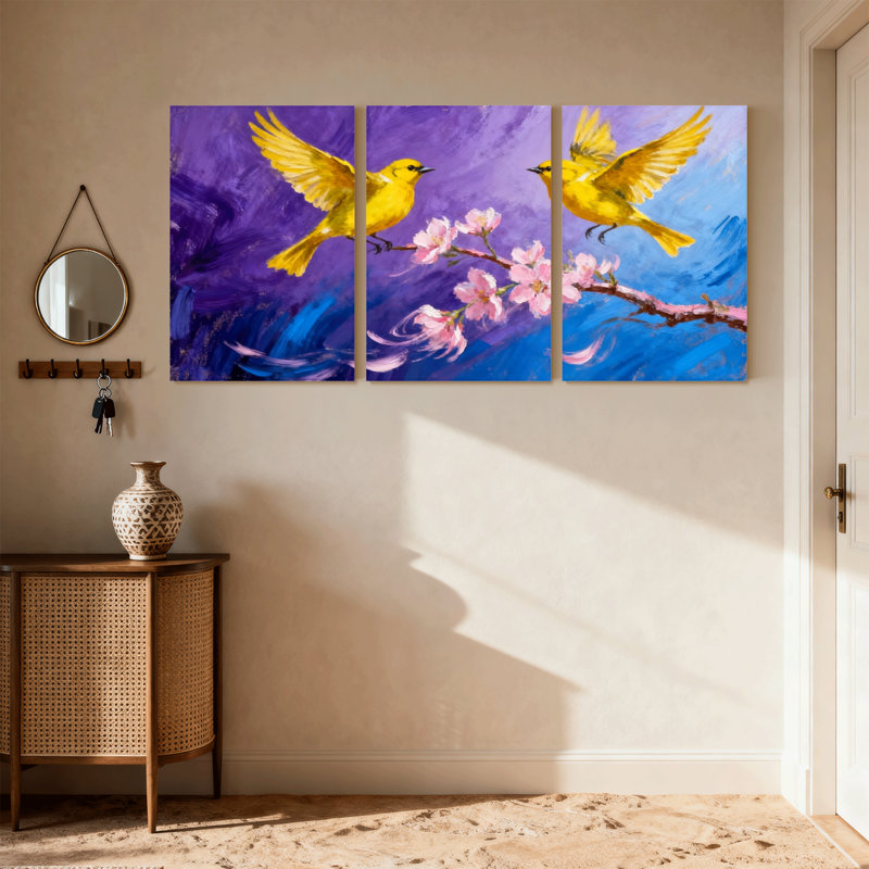 «Birds Yellow Birds On Blossom Branches», ensemble de 3 impressions sur toile, H 18 po x l 36 po