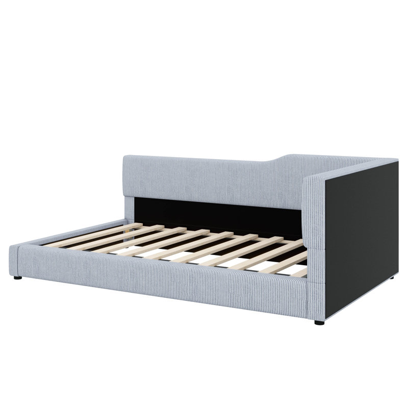 Structure de lit de jour rembourrée moderne en forme de L, avec un design de lit de plancher fabriqué avec un tissu en velours côtelé luxueux