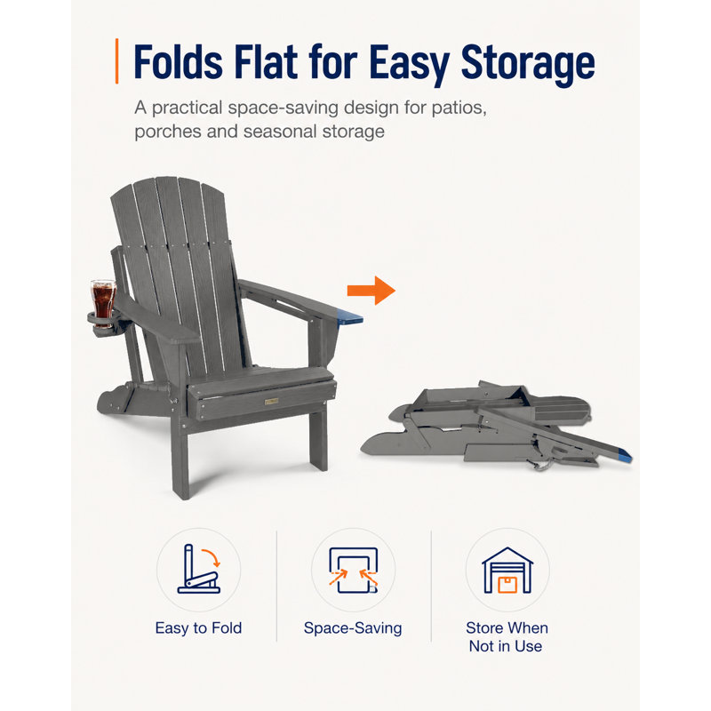 Foldable Adirondack Chair with Cup Holder, Weather-Resistant Wood-Look Outdoor Lounge Chair for Patio, Porch, Deck and Lawn, Gray