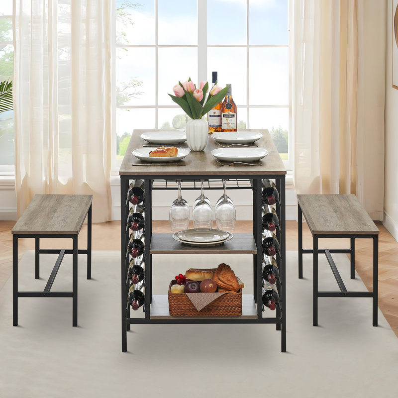 Ensemble de table de salle à manger 3 pièces pour 4 personnes avec porte-bouteilles et bancs, ensemble de tables de cuisine peu encombrantes avec tablettes de rangement pour petits espaces, gris