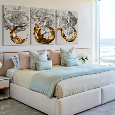 3 Pieces Exculisive Silver Roses and Gold Swirls Large Wall Art Ornate Floral Relief Panoramic, Canvas Decor for Living Room, Bedroom and Office