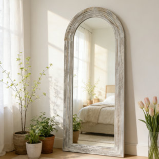 Arched Full-Length Mirror - Solid Paulownia Wood Frame, Rustic Whitewashed Finish, Multi-Size Options, Wall-Mounted Or Leaning For Bedroom, Living Room, Closet
