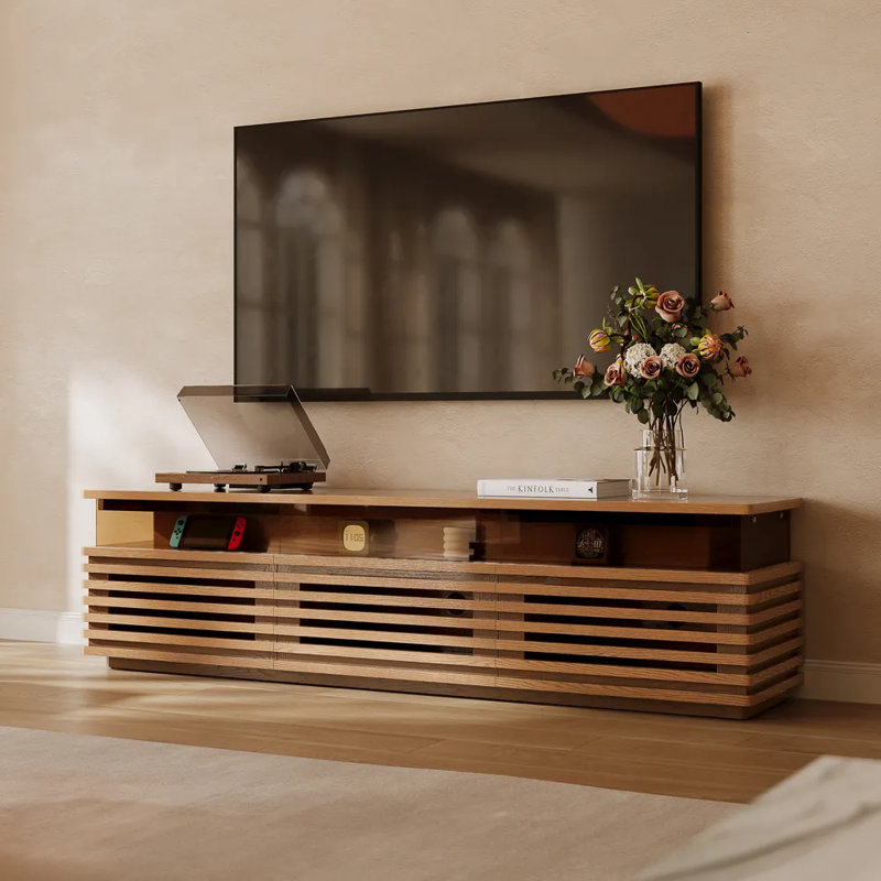 Selene Slatted Media Console With LED Lighting, No Assembly Required, Walnut, 20.47"H x 78.74"L x 17.72"W