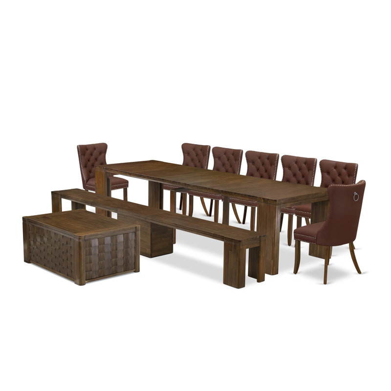 10-Pc Dining Table Set contains an Extendable Rectangle Kitchen Table, 1 Coffee Table, 7 Polyester Dining Chairs and 1 Bench, Antique Walnut