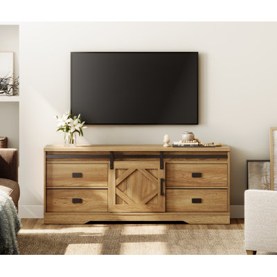 Meuble télé de campagne moderne pour téléviseur de 65 po avec porte de grange et meuble de rangement en bois vieilli avec tiroirs et armoire de rangement, chêne rétro