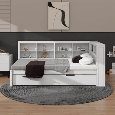 Wooden Daybed With Twin Trundle, Platform Bed Frame With Double-Layer Storage Shelf And USB Charging Ports