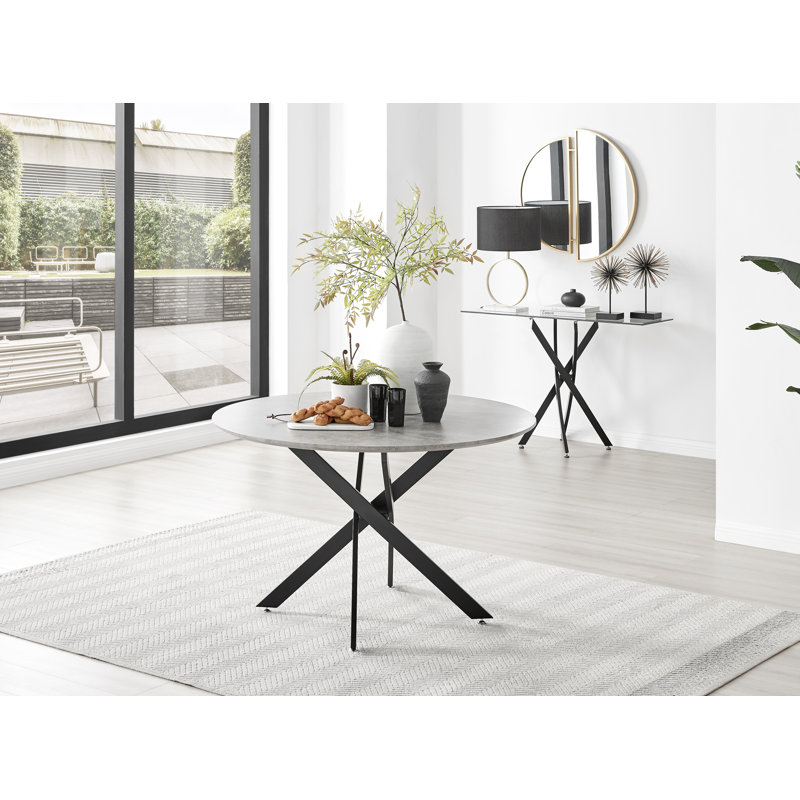 Tierra Modern Chrome Metal & Glass Round Dining Table Set with 6 Luxury Faux Leather Chairs, Black, Grey/Black