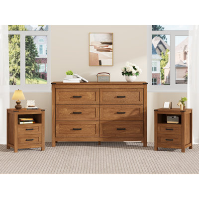 3-Piece Bedroom Set, Includes Farmhouse 6 Drawer Dresser, Set Of 2 Side Tables With Drawers& Storage Shelf, 3 Piece Dresser And Nightstands Set