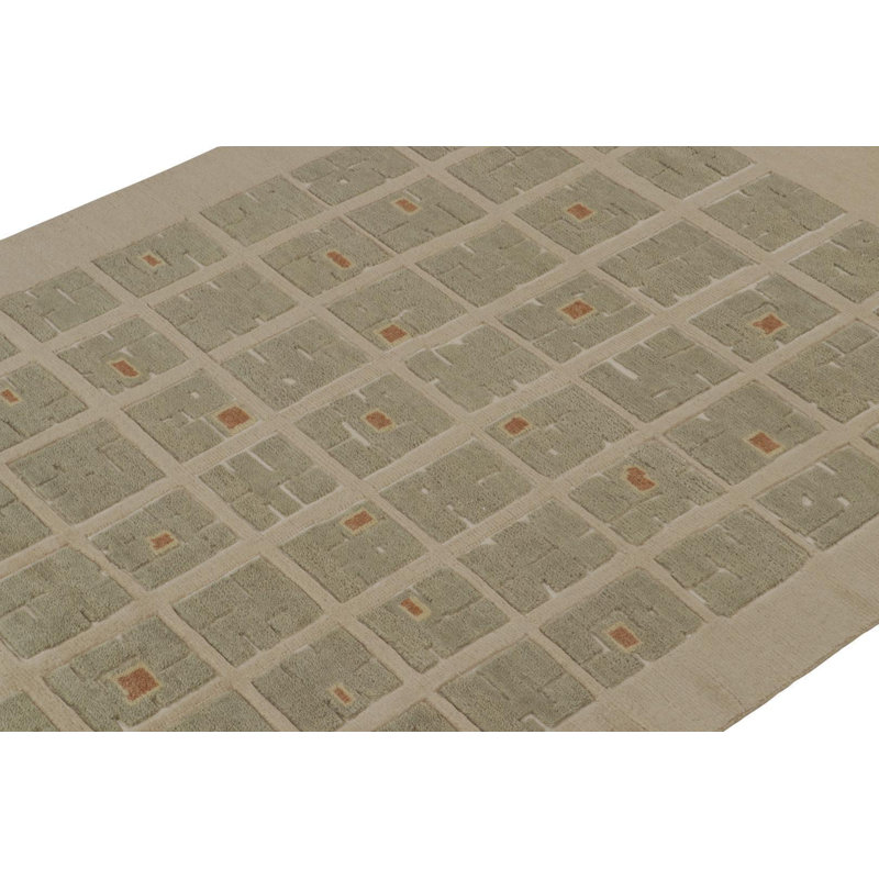 Rug & Kilim’S French Art Deco Rug In Beige & Green High-Low Square Pattern, Rectangle 12' x 15'