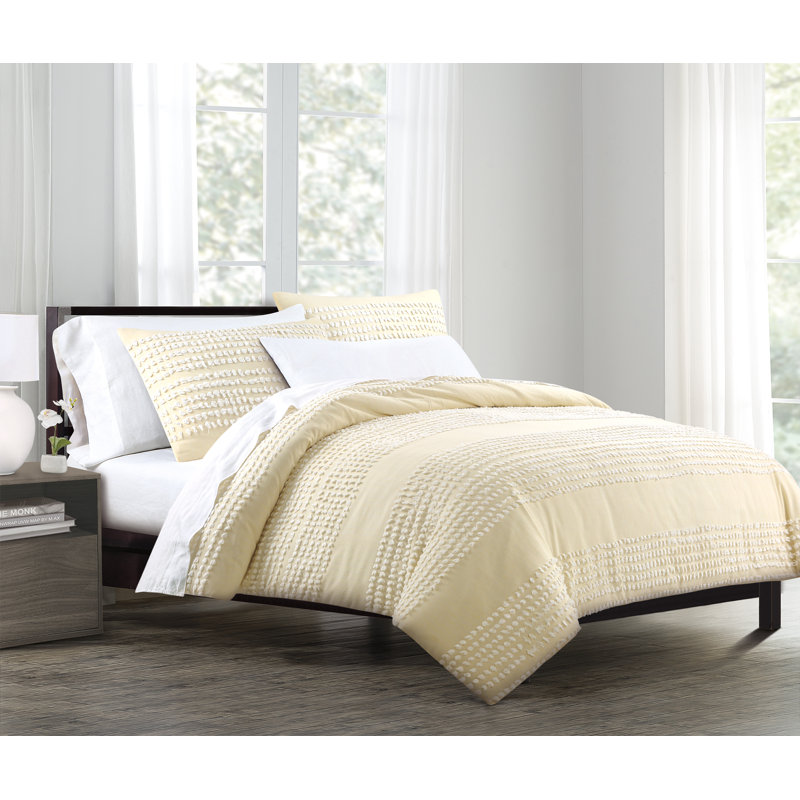 Ensemble 100% coton Blinn, Jaune, Housse de couette pour grand lit et 2 taies décor