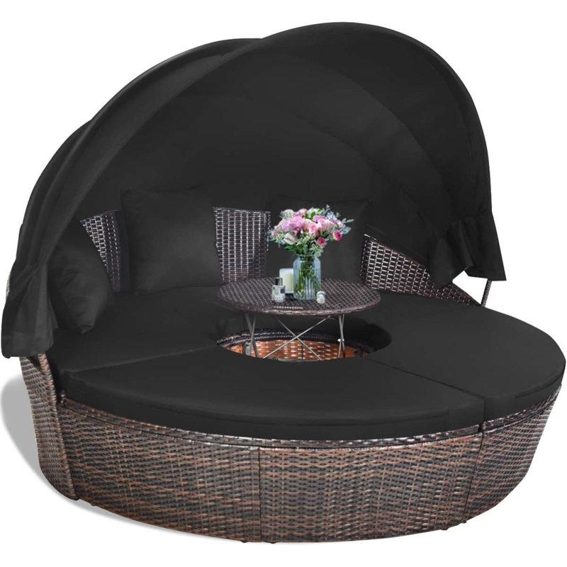 Rozi 69.5'' Wide Round Wicker Patio Daybed with Cushions, Black