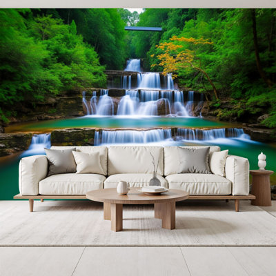 Peel and Stick Wallpaper Waterfall Landscape Nature Lake Waterfalls Greenery Rock Flowing Wall Murals 69"H x 96"W Removable PVC Wall Paper Self-Adhesive Wall Decor for Bedroom Living Room Home Office