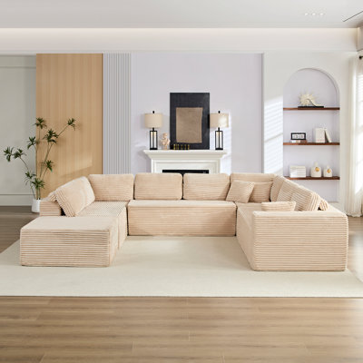 141" 8-Seater Corduroy Sectional with Ottoman & 4-Zone Support