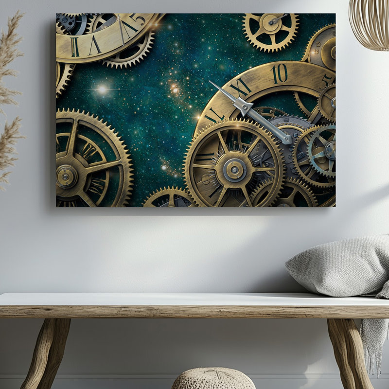 Toile, une vue de près révèle des œuvres d'horloges en laiton au design complexe, H 16 po x l 20 po