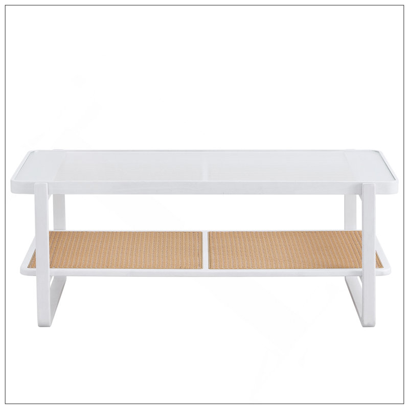 Table basse moderne en bois massif blanc minimaliste moderne. Plateau de table en verre, table en imitation rotin. Table rectangulaire convenant au salon, à la salle à manger et à la chambre à coucher