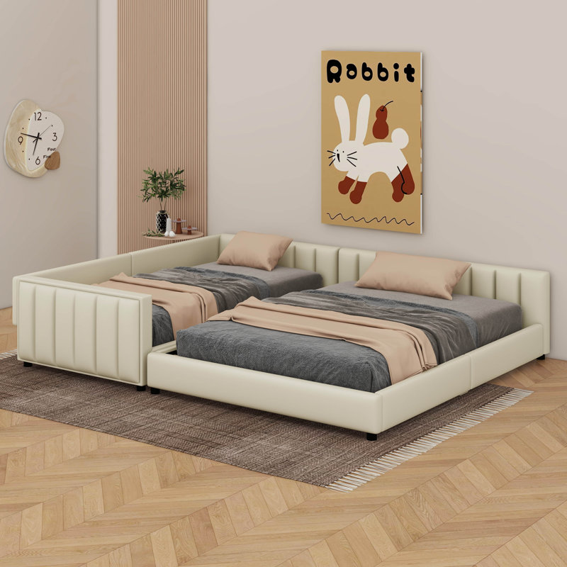 Lit plateforme tapissier grand et simple TG, lit mère et enfant, similicuir, Beige