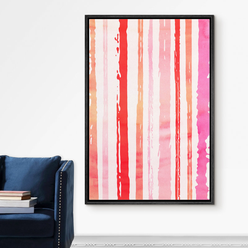 «Signature», reproduction d'art sur toile encadrée, rouge, rose et orange, peinture, rayures, formes abstraites, illustrations, art moderne, bohème, coloré, ultra pour le salon, la chambre à coucher, le bureau - 24 po x 36 po, naturel