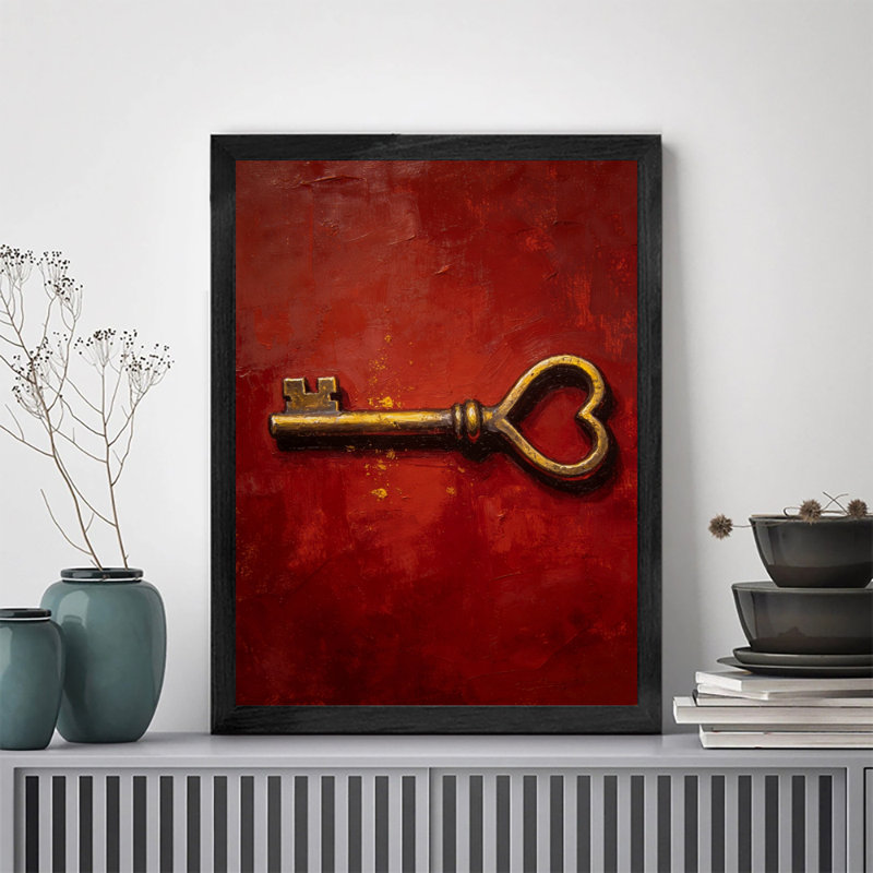 Reproduction d'art encadrée noire sur fond rouge avec clé cœur rouge, H 11 po x l 9 po